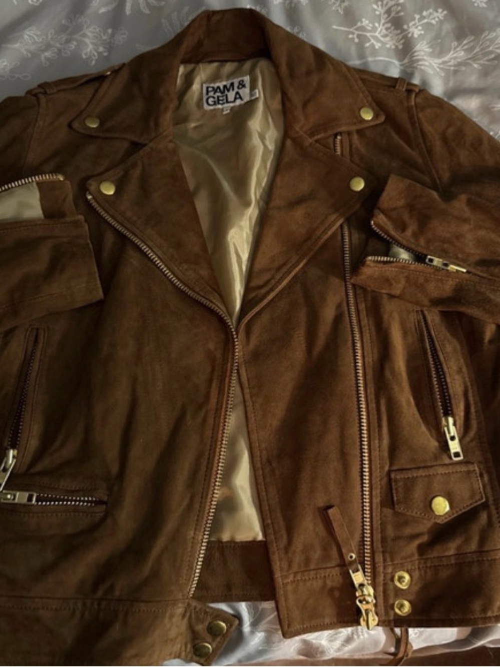 Pam & Gela Brown Suede Biker Jacket with Gold Hardware